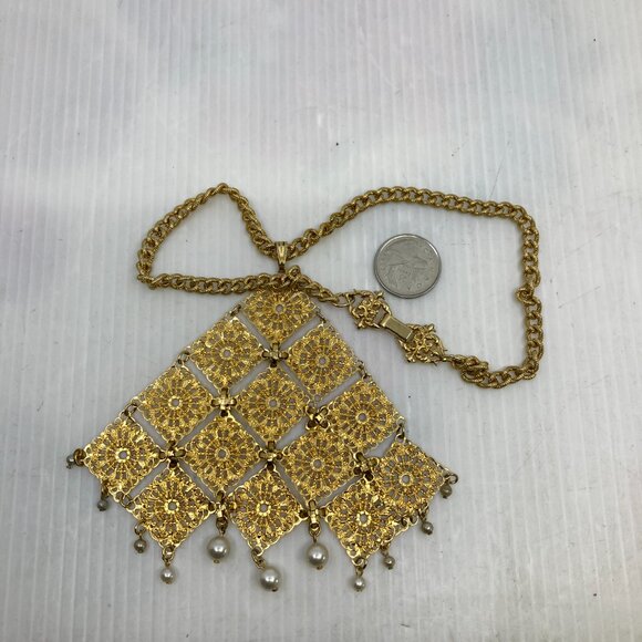 Vtg 1970s D'ORLAN ? mesh filigree gold tone Egyptian Etruscan necklace - Picture 2 of 2